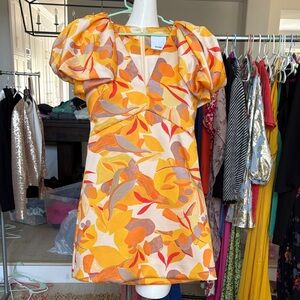 Acler Puff Sleeve Mini Dress in Yellow Orange Multi